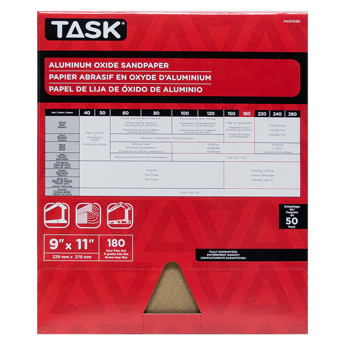 Task Tools PAO15180 9 x 11 in. premium aluminum oxide sandpaper, 180 grit