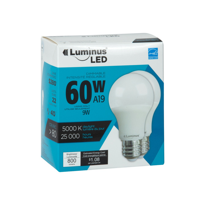 Luminus PLYC12552 A19 LED bulb 2 pack, 5000K dimmable