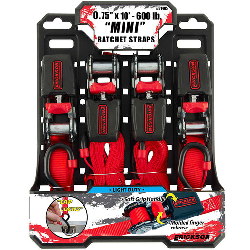 3/4" x 10' Mini Ratchet Straps with Cap Lock Hooks - 4 Pack (600 lb max load) - 07E31405