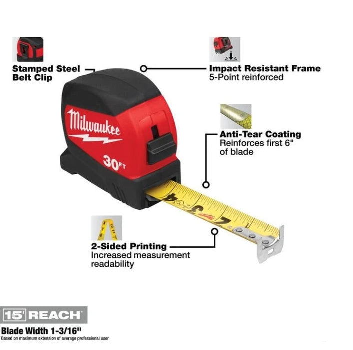 Milwaukee - 1-3/16" x 30' Compact Measuring Tape - 48-22-0430
