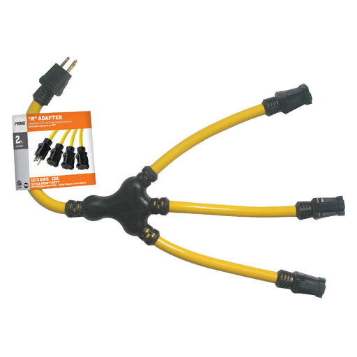Prime Wire AD190802L 2 ft 12/3 STW yellow 3-outlet adapter in retail packaging