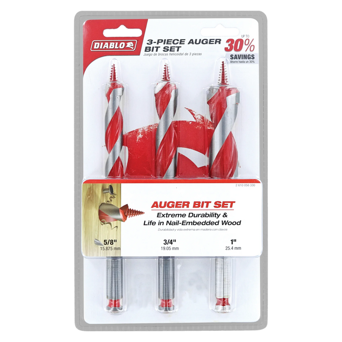 3 pc Auger Bit Set for Wood & Nail-Embedded Wood (3-Piece)