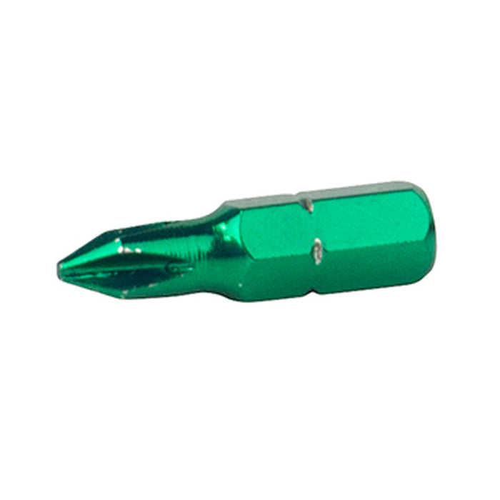 Green #1 Phillips color coded screwdriver bit, shown in 1 in. length