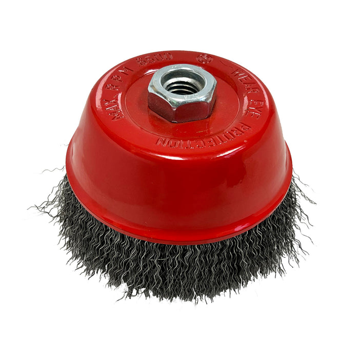 Crimped wire cup brush, 5 in., 5/8"-11 threaded arbor