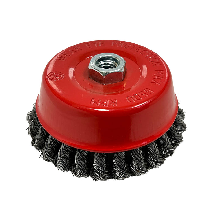 Knotted wire cup brush, 5 in., 5/8"-11 threaded arbor