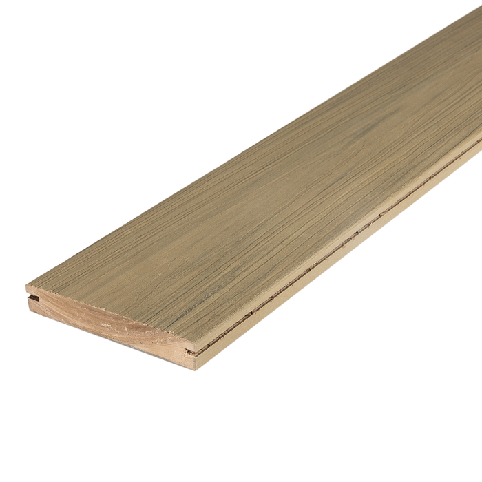 Deckorators Summit composite deck board, Cliffside, grooved profile close-up