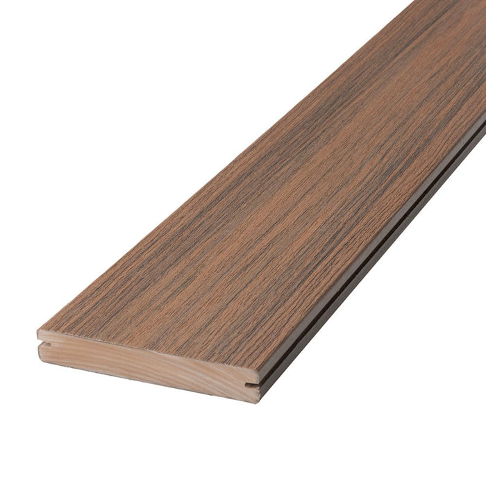 Deckorators Voyage composite deck board, Mesa, grooved profile close-up