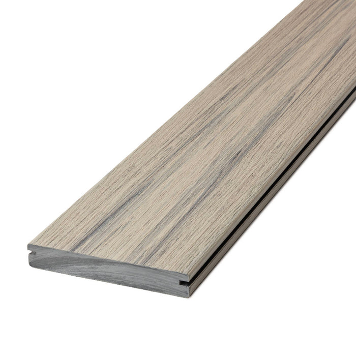 Deckorators Voyage composite deck board, Tundra, grooved profile close-up