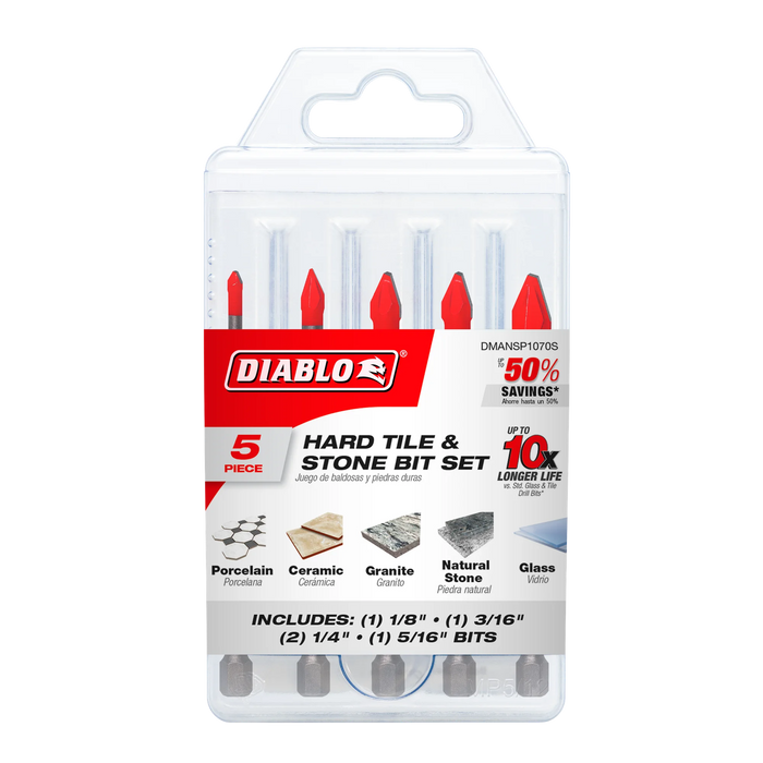 Diablo DMANSP1070-S5 Hard Tile & Stone Carbide Tipped Drill Bit Set (5-pc) in Packaging