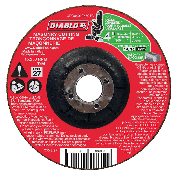 Diablo 4 in. x 1/8 in. x 5/8 in. Masonry Cut-Off Disc, Type 27