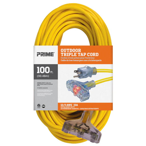 Prime Wire 100ft 12/3 SJTW Outdoor 3-Outlet Heavy Duty Extension Cord