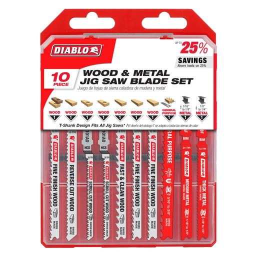 Diablo DJT10S 4" T-Shank Wood & Metal Jigsaw Blade Set (10pc) in Packaging