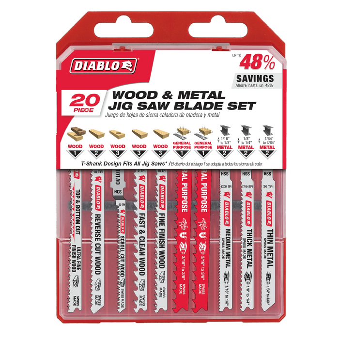 Diablo 20-piece wood and metal jig saw blade set packaging on a white background