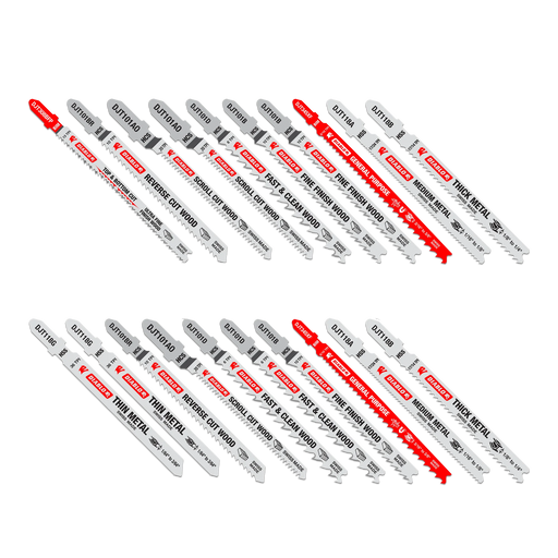 Set of multiple diablo jig saw blades for wood, metal, plastic on a white background