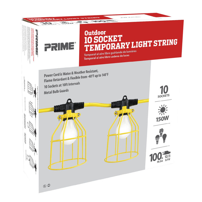 Prime Wire & Cable 100 ft 12/3 10-Socket Temporary Light String with Metal Cages, Yellow