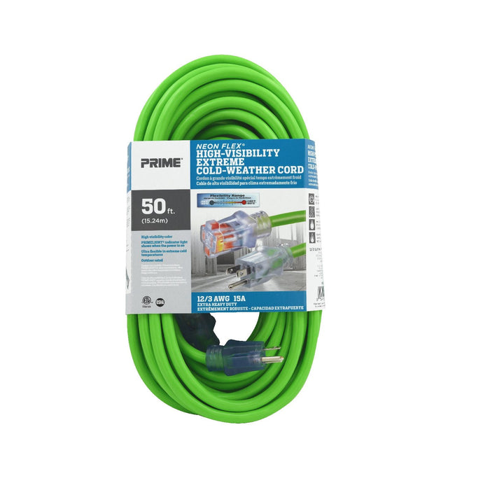 Prime Wire Neon Flex NS512830 50 ft. 12/3 SJTW green extension cord in package, lighted end