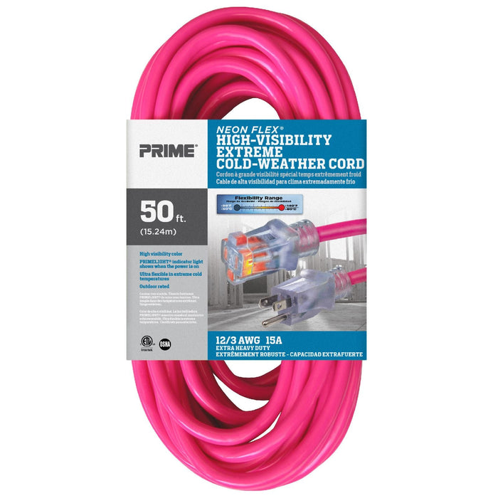 Prime Wire Neon Flex NS513830 50 ft. 12/3 SJTW pink extension cord in package, lighted end