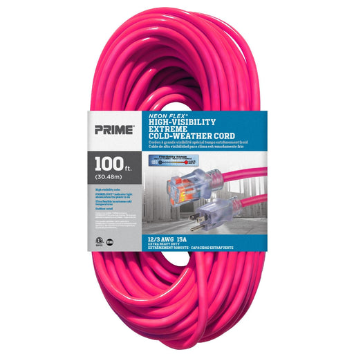 Prime Wire Neon Flex NS513835 100 ft. 12/3 SJTW pink extension cord in package, lighted end