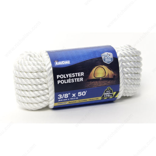 King Cord - 3/8" x 50' White Twisted Polyester Rope - 303131BGV1