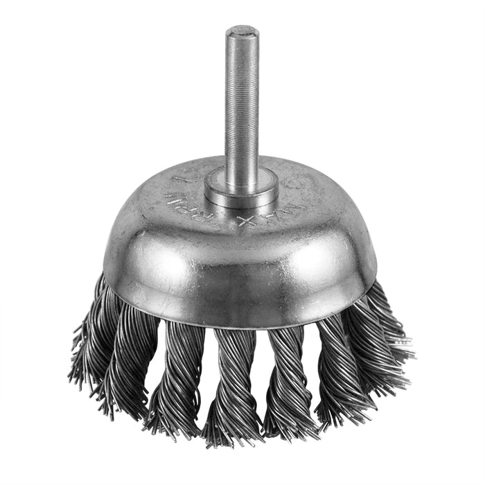 Knotted carbon steel wire cup brush, 2-1/2 in., 1/4 in. shank