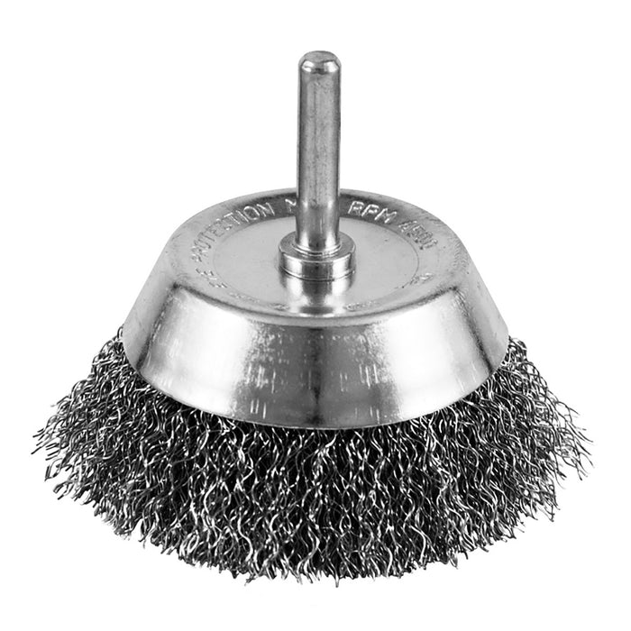 Crimped carbon steel wire cup brush, 3 in., 1/4 in. shank
