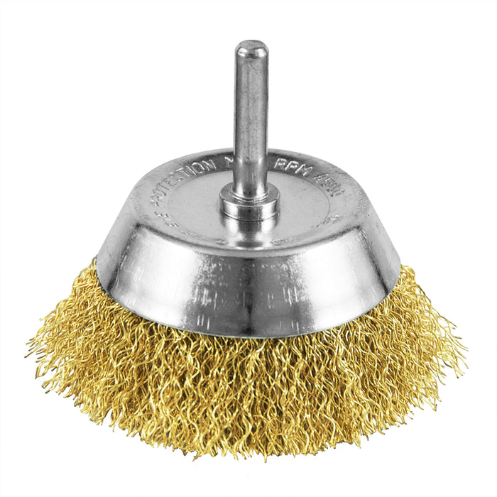 Coarse crimped brass coated wire cup brush, 3 in., 1/4 in. shank