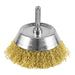 Coarse crimped brass coated wire cup brush, 3 in., 1/4 in. shank