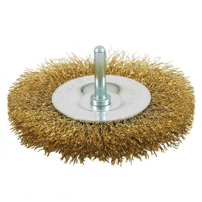 Coarse crimped brass coated wire wheel, 4 in., 1/4 in. shank