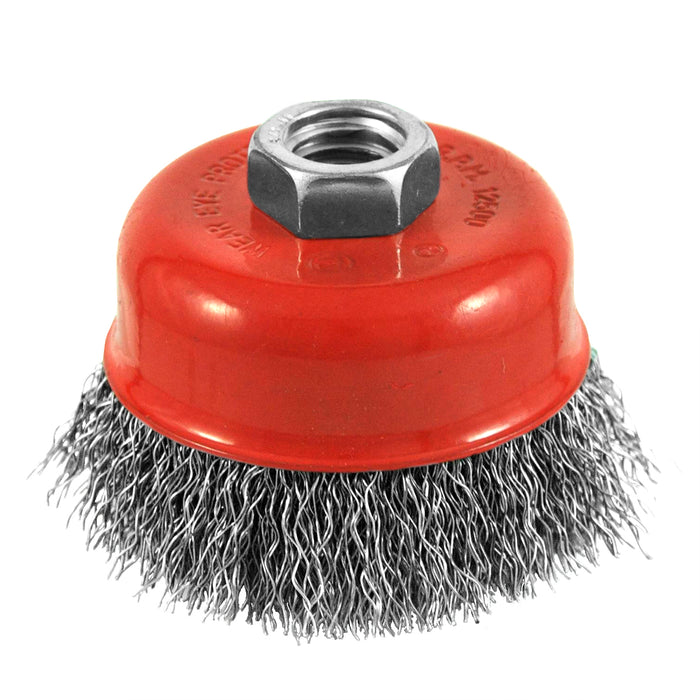 Crimped wire cup brush, 3 in., 5/8"-11 threaded arbor