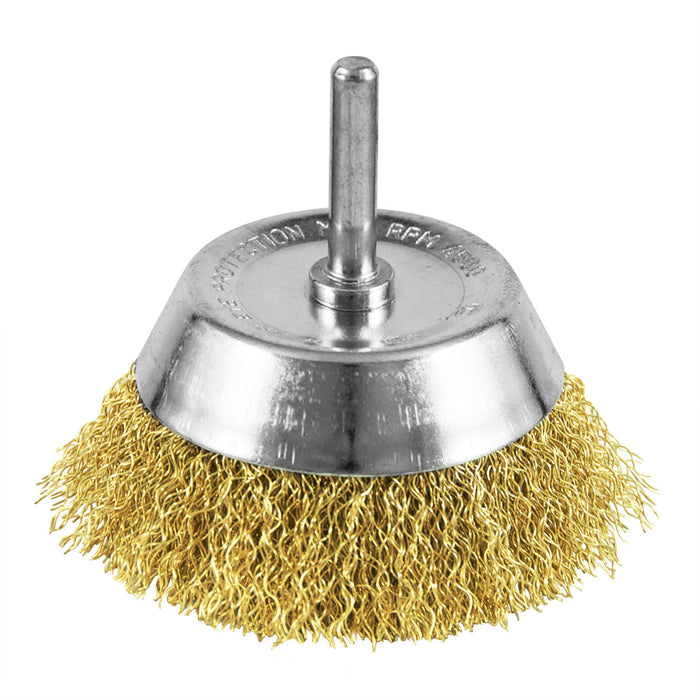 Fine crimped brass coated wire cup brush, 3 in., 1/4 in. shank