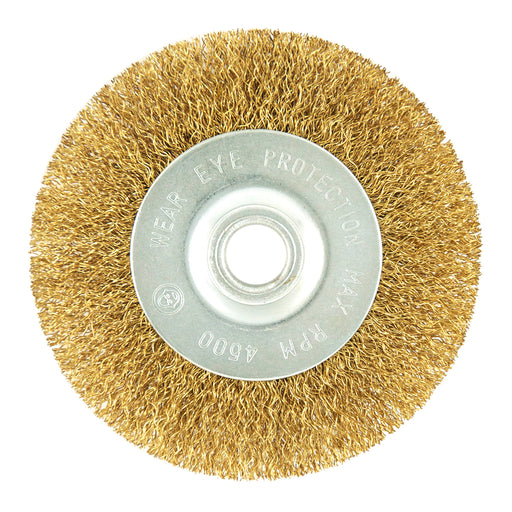 Fine crimped brass wire wheel for bench grinders, 4 in., 1/2 in. arbor