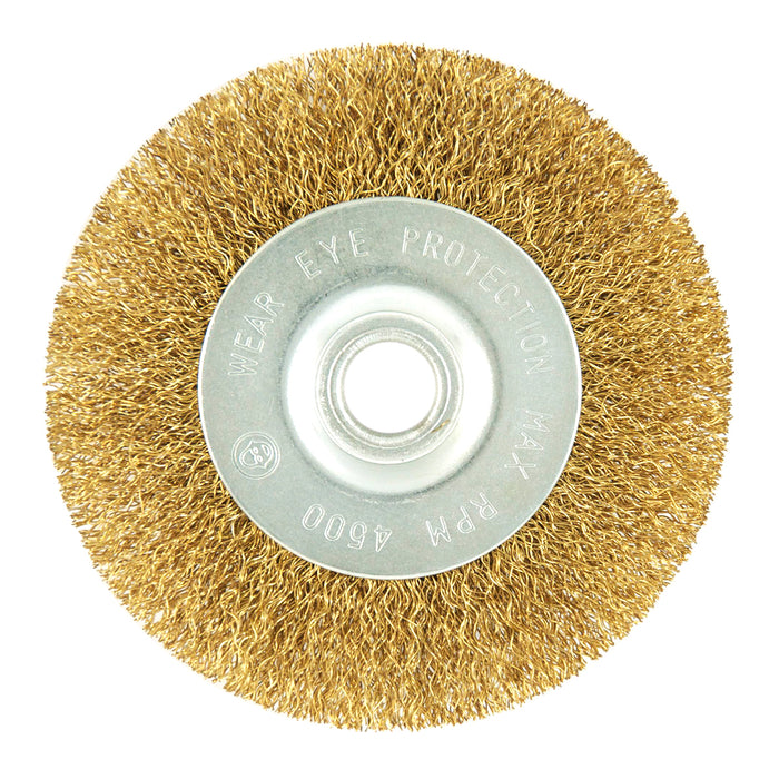 Fine crimped brass wire wheel for bench grinders, 4 in., 1/2 in. arbor