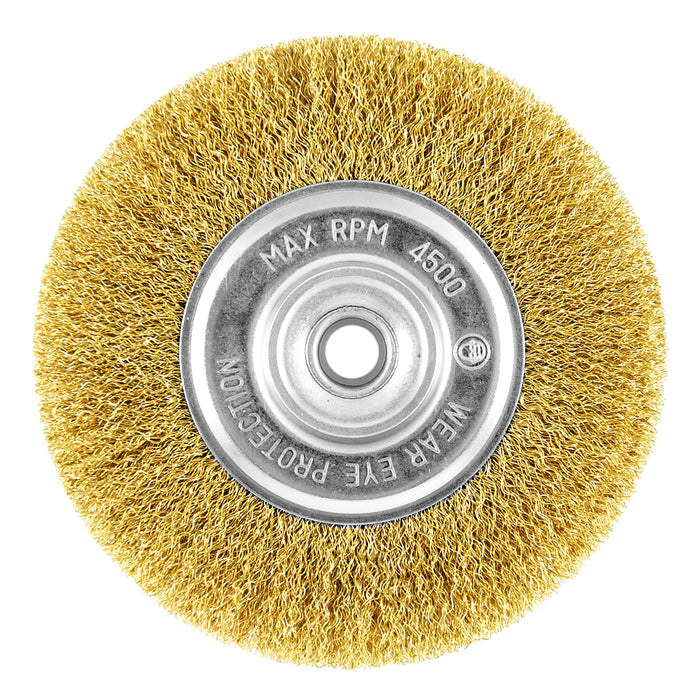 Crimped brass wire wheel for bench grinders, 6 in., 5/8 in. to 1/2 in. arbor