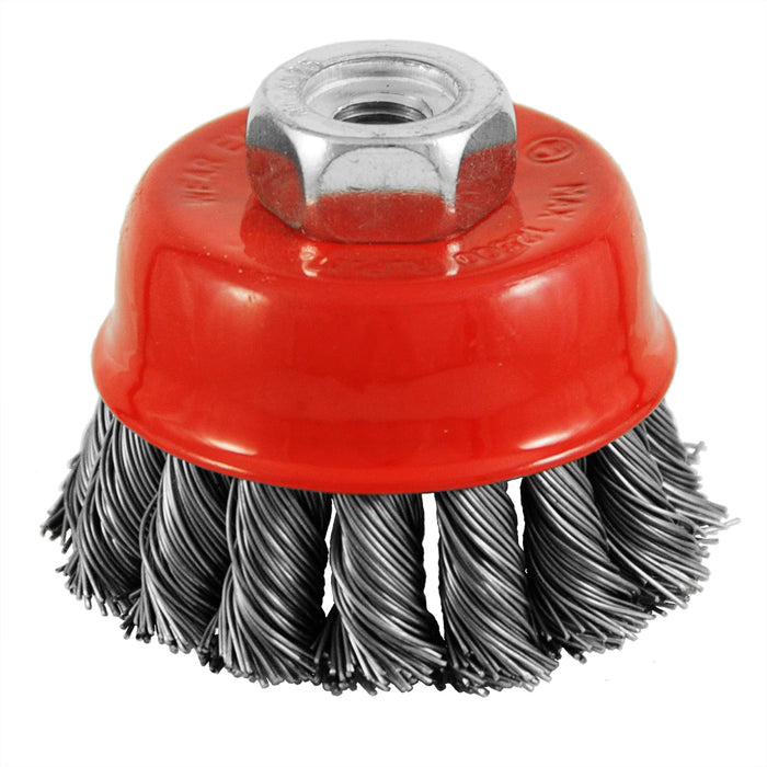 Carbon steel knotted wire cup brush, 2-1/2 in., M10 x 1.25 arbor