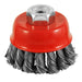 Carbon steel knotted wire cup brush, 2-1/2 in., M10 x 1.25 arbor