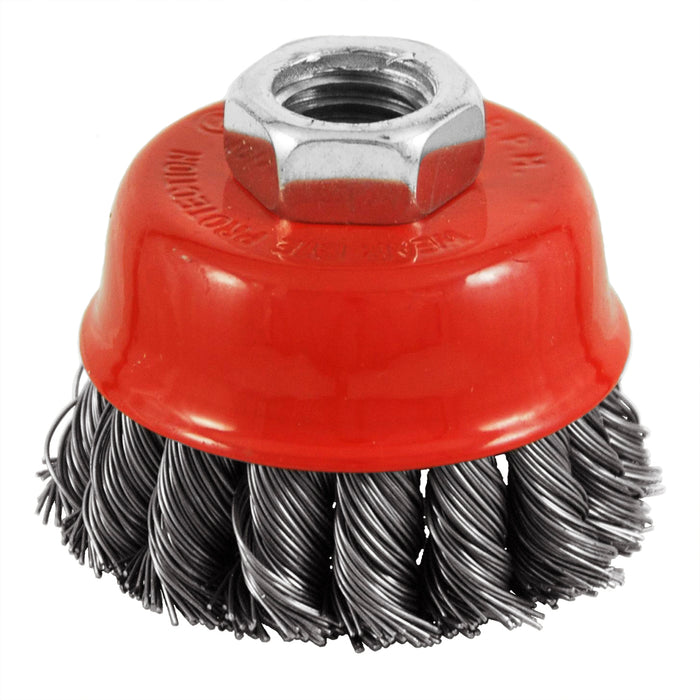 Knotted wire cup brush, 2-1/2 in., 5/8"-11 threaded arbor