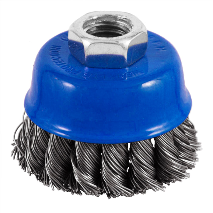 Stainless steel knotted wire cup brush, 2-1/2 in., 5/8"-11 threaded arbor