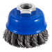 Stainless steel knotted wire cup brush, 2-1/2 in., 5/8"-11 threaded arbor