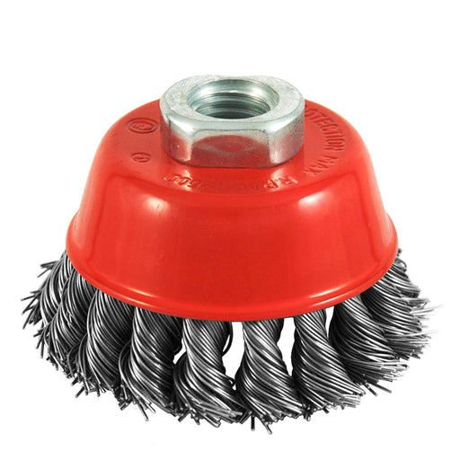Knotted wire cup brush, 3 in., 5/8"-11 threaded arbor