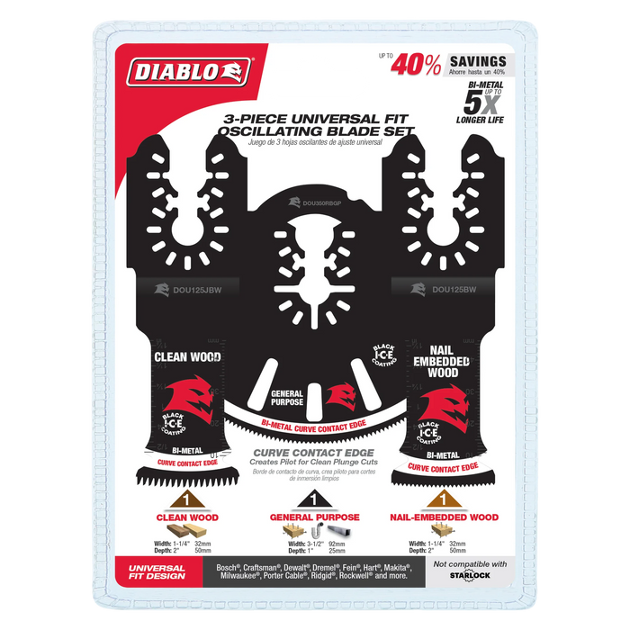 Diablo DOU3BS Universal Fit Bi-Metal Oscillating Blade Set (3-pc) in Packaging