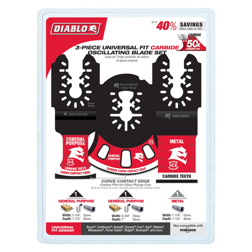 Diablo DOU3CS Universal Fit Carbide Oscillating Blade Set (3-pc) in Packaging
