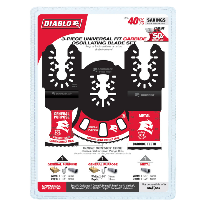 Diablo DOU3CS Universal Fit Carbide Oscillating Blade Set (3-pc) in Packaging